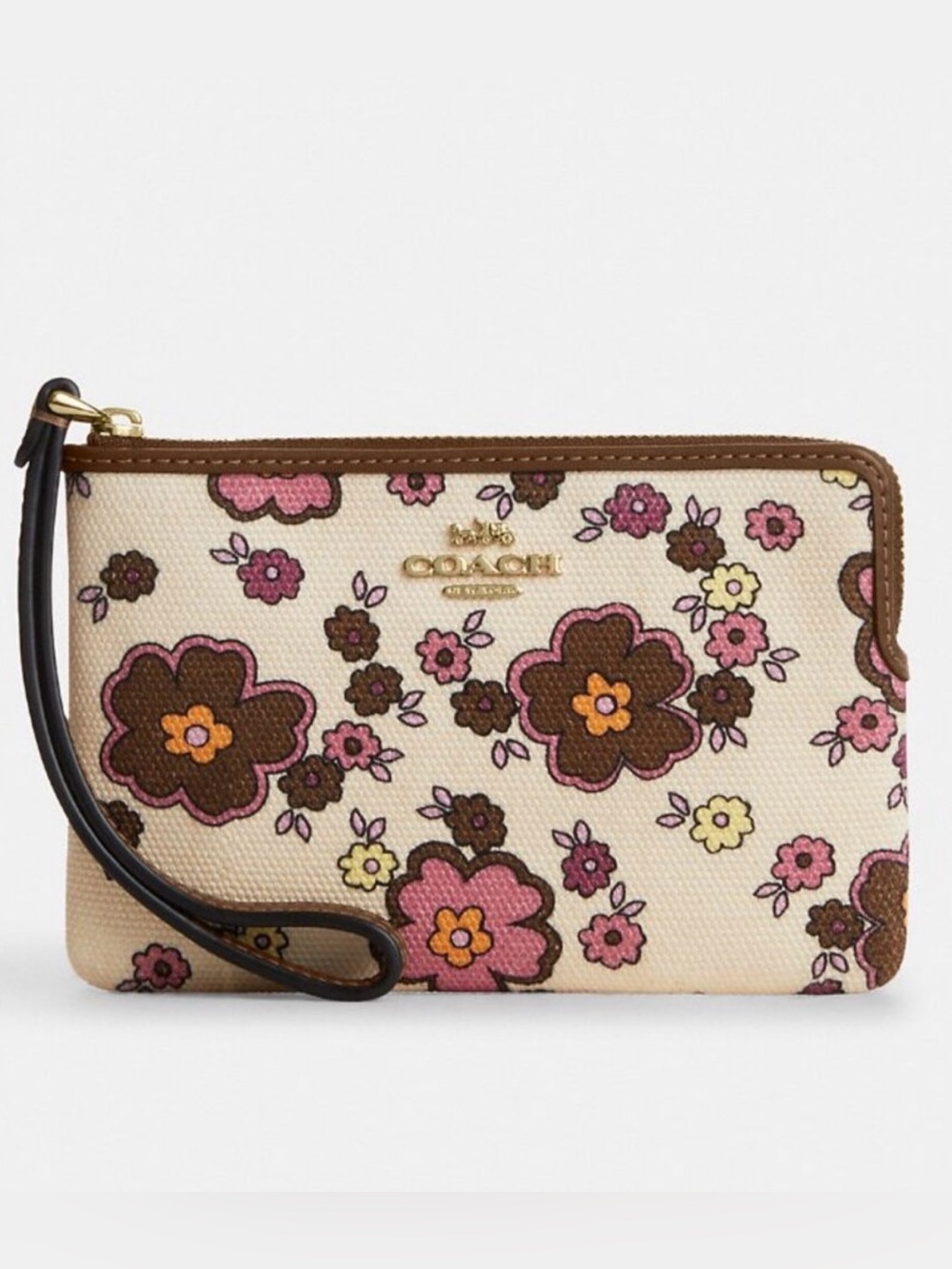 Coach Beige Floral Wristlet with Pink and Brown Flowers
